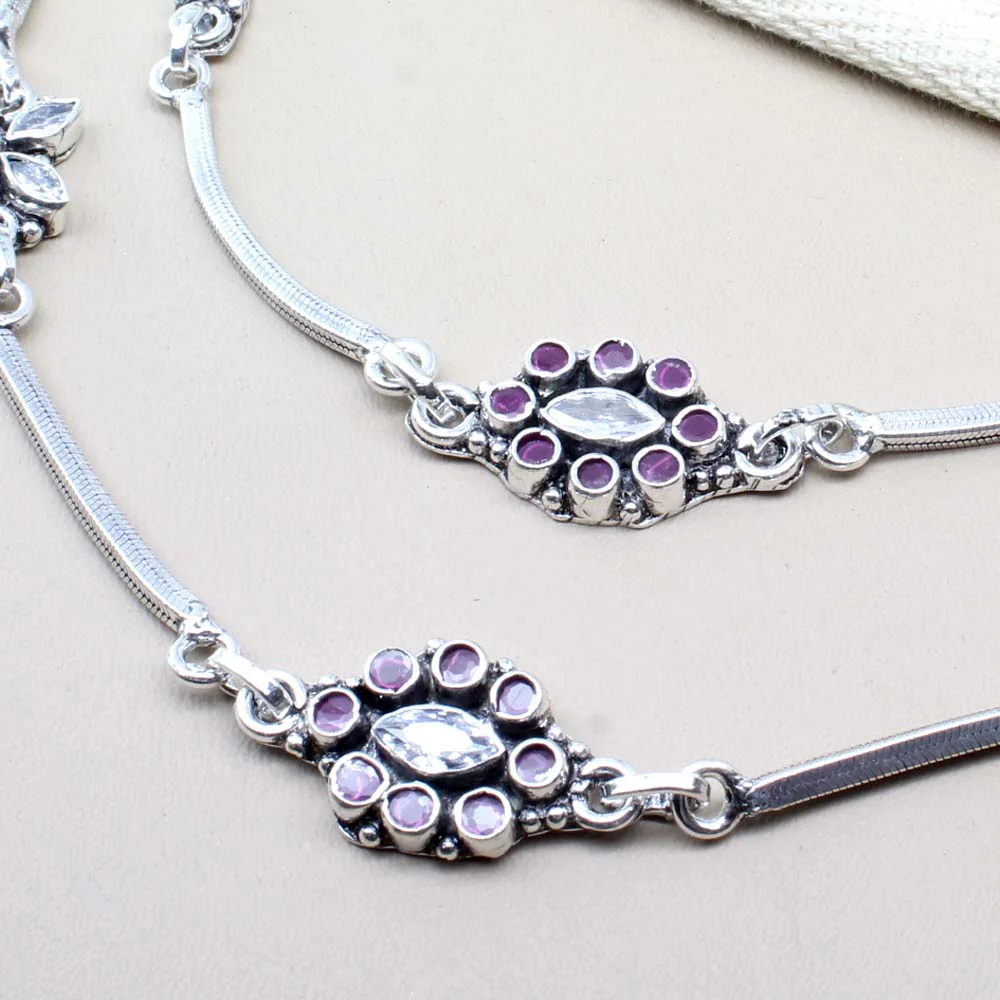 Indian Ethnic Style 925 Real Solid Silver CZ Oxidized Anklets Ankle 10.5" - Image 3