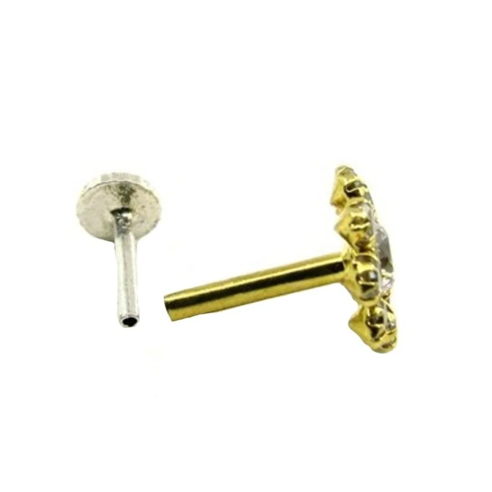 Indian Style White CZ Studded Body Piercing Jewelry Nose Stud Pin Solid Real 14k Yellow Gold - Image 3