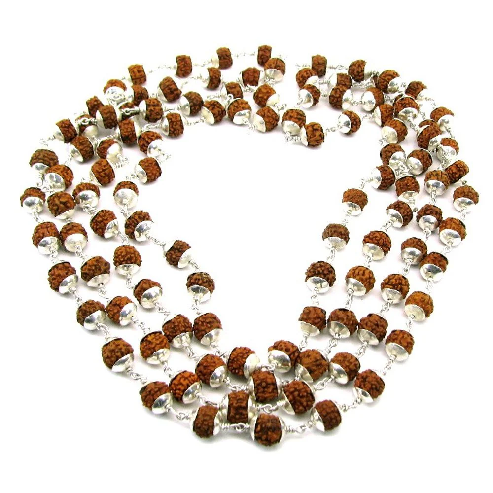 Pure Silver Natural Rudraksha 108 Beads Prayer Meditation Mala Necklace - Image 3