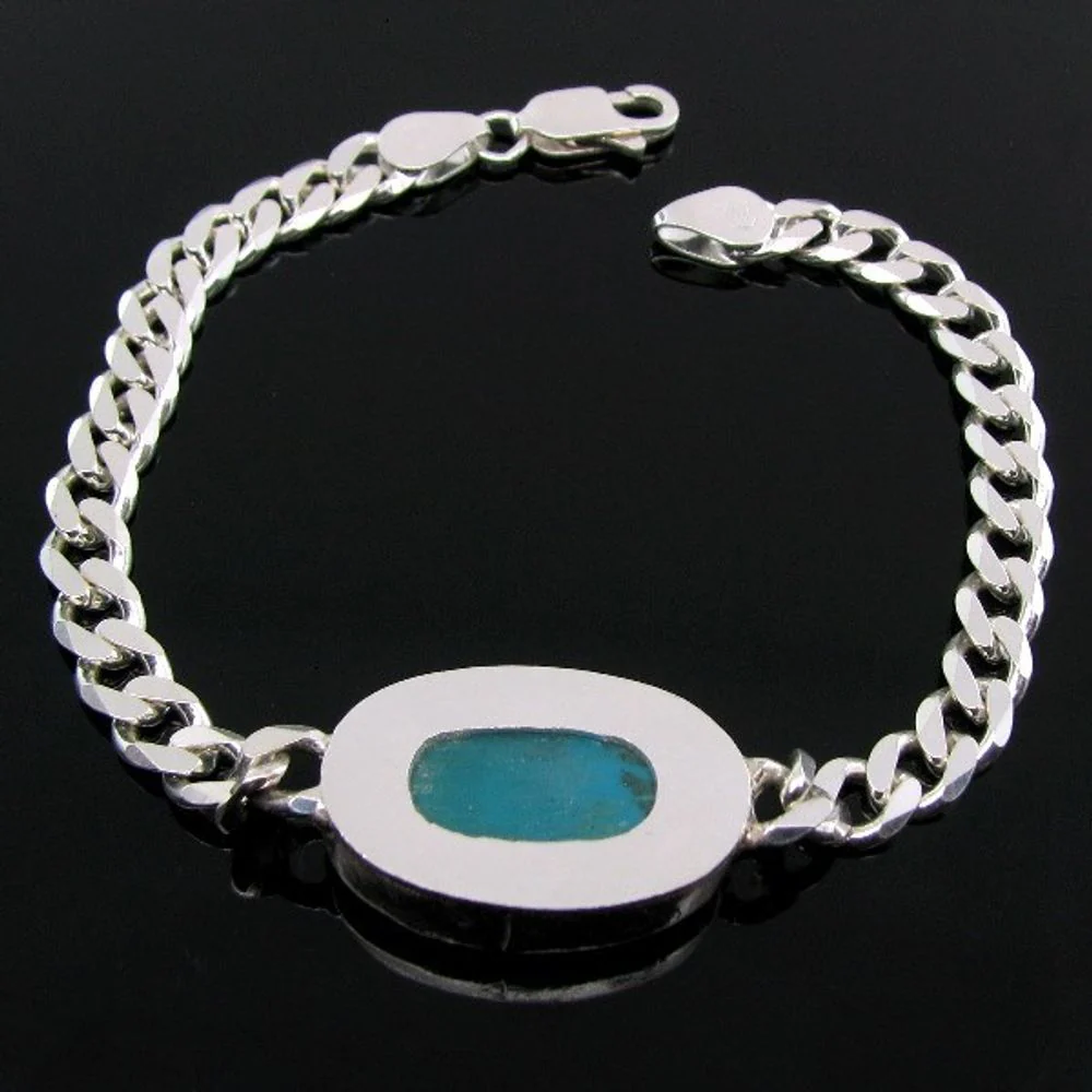 Solid Genuine .925 Sterling Silver Curb Link Chain Men's (LIGHT) Bracelet Turquoise - Image 3