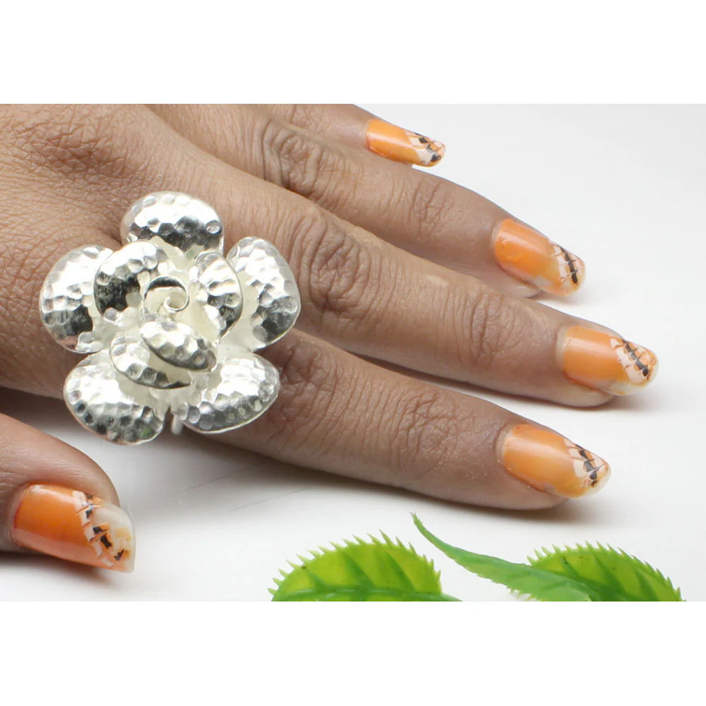 Wild flower hammered textured Fine 925 Real Silver Ring adjustable for women - Image 3